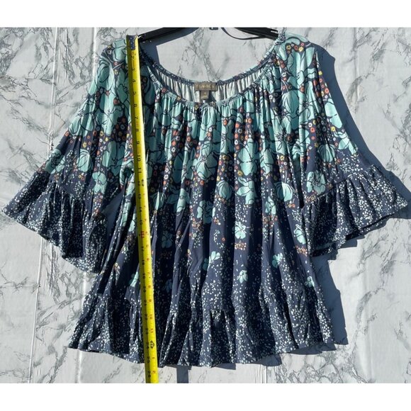 Style & Co Womens Medium Boho Floral Bell Sleeve Blue/Teal Rayon Top - Picture 3 of 9